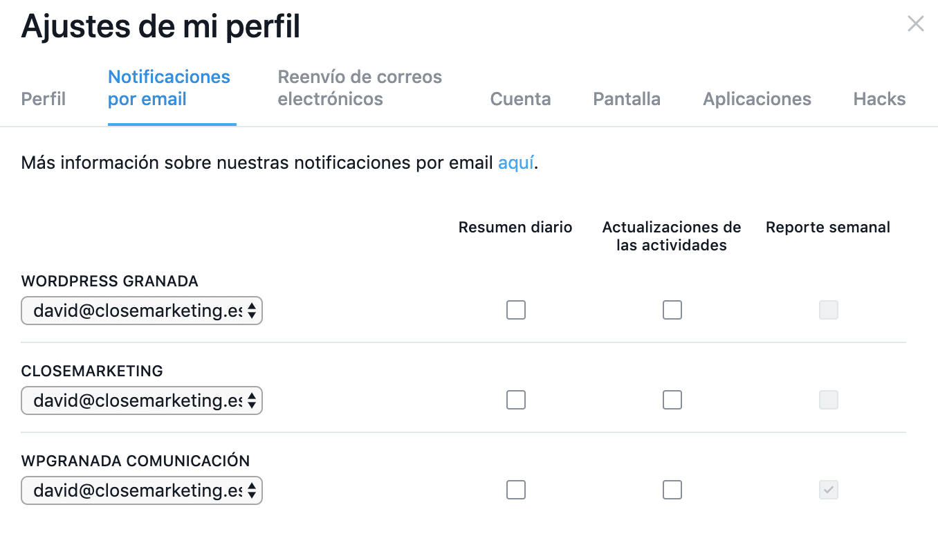 ajustes email asana