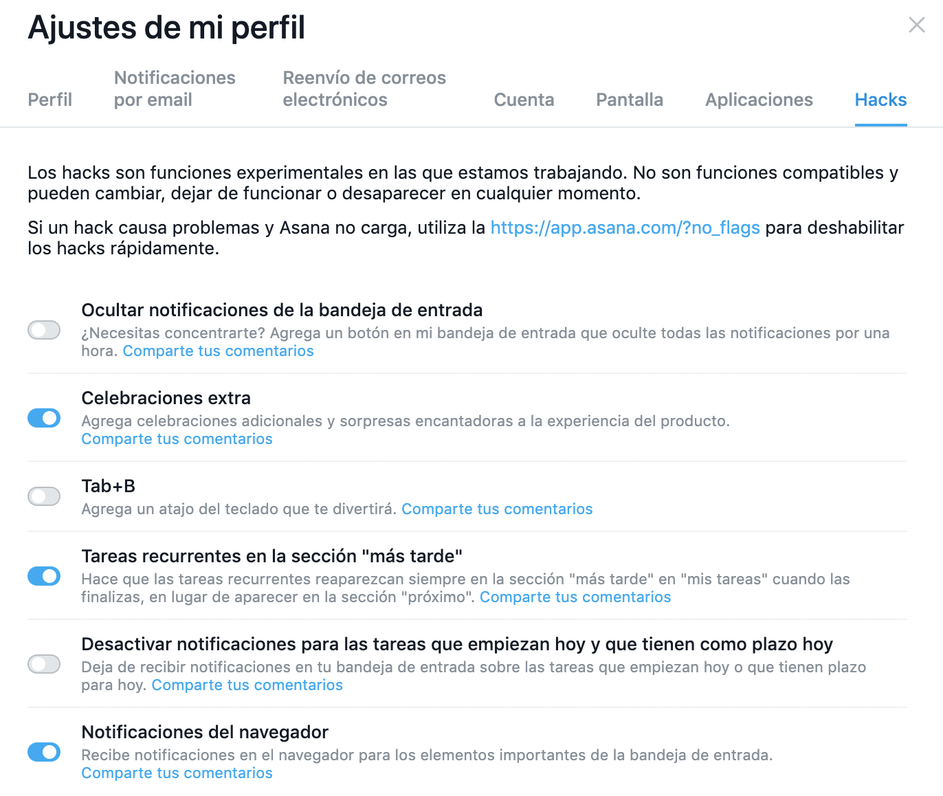 ajustes perfil asana