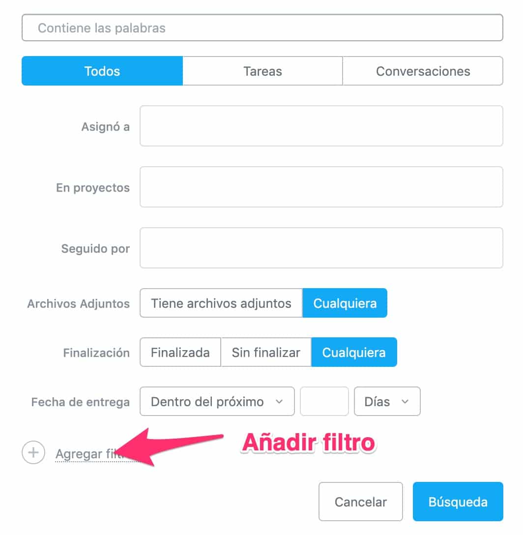 asana anadir filtro busqueda avanzada