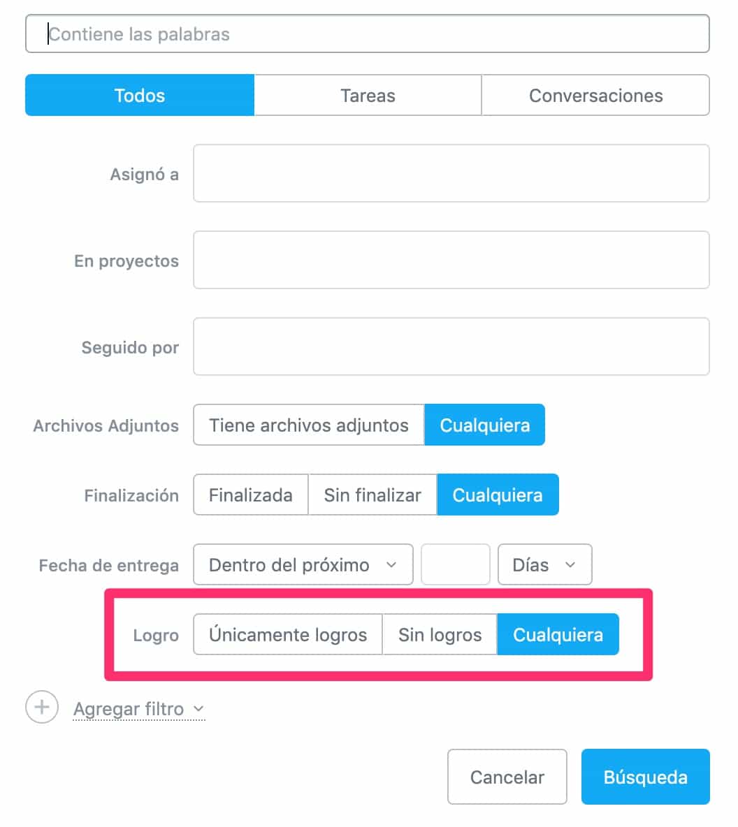 asana filtro logros