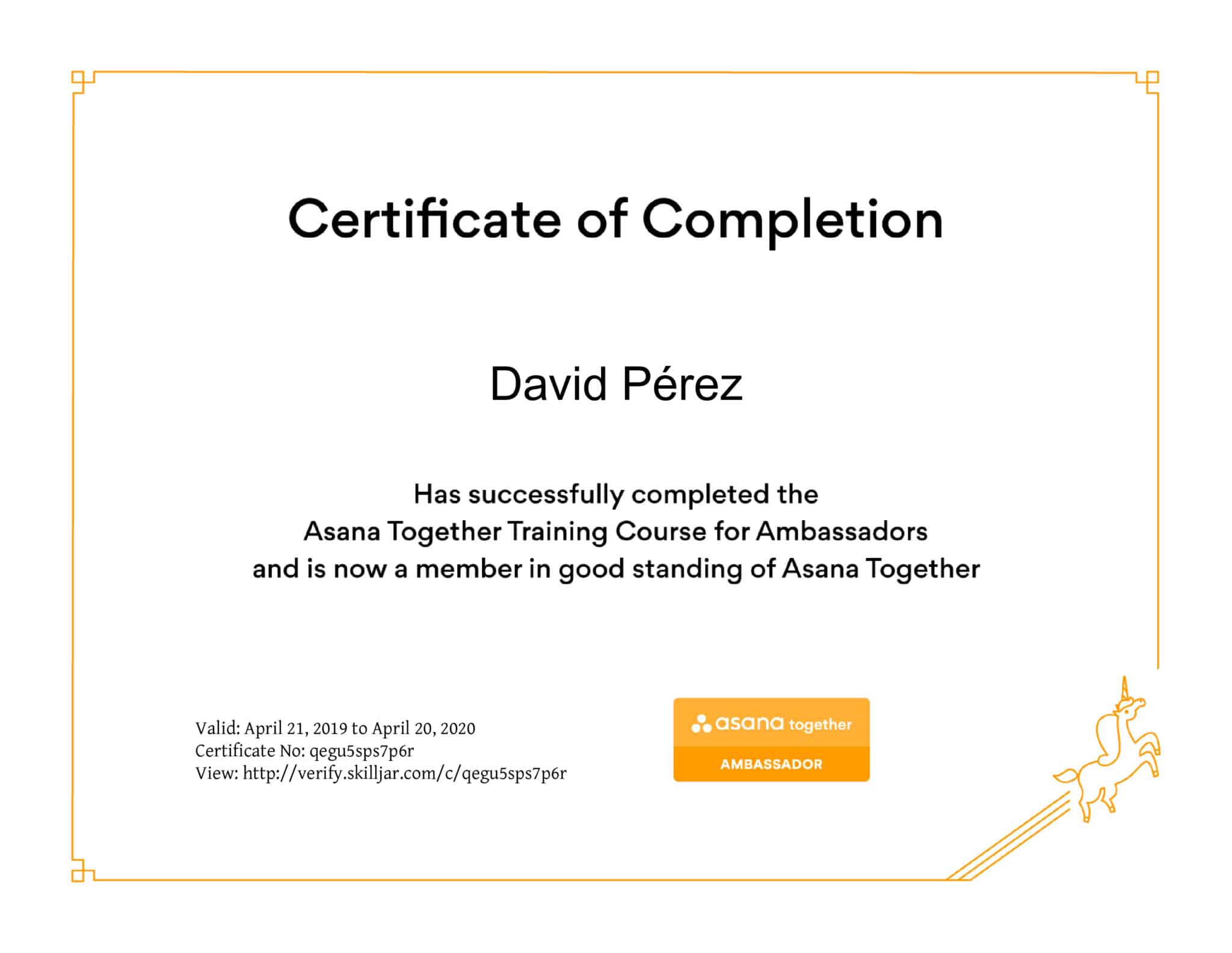 certificado embajador asana david
