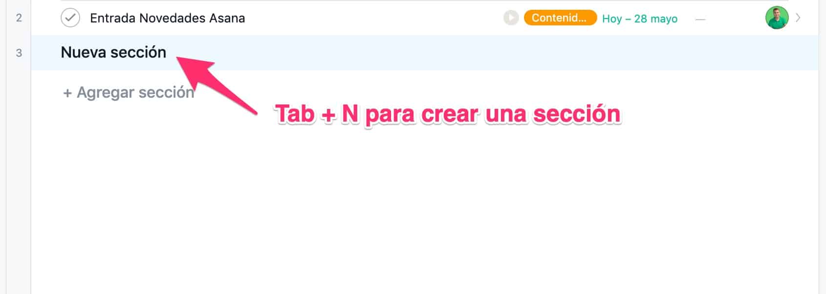 crear seccion asana