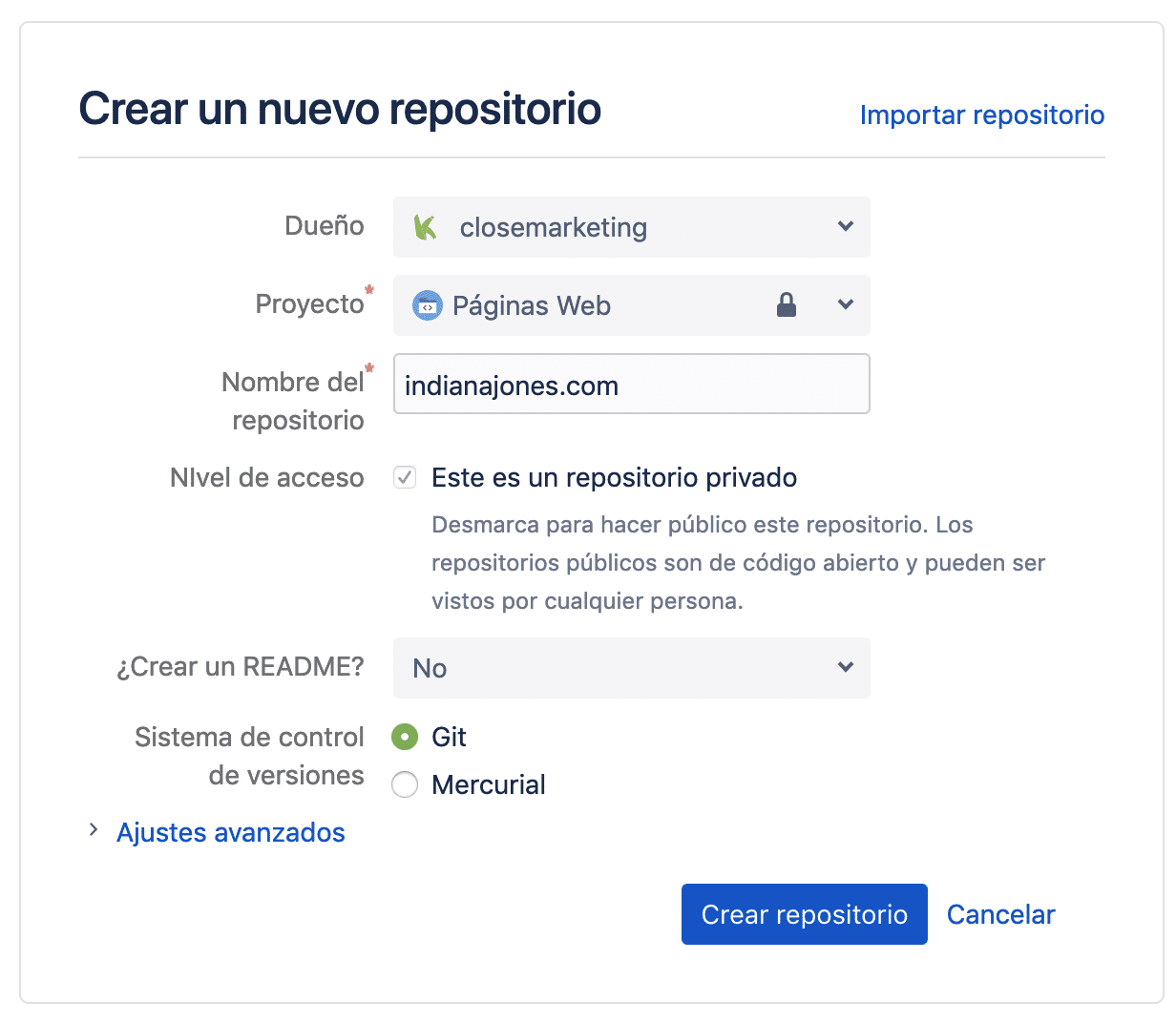 paso 1 crear repositorio bitbucket